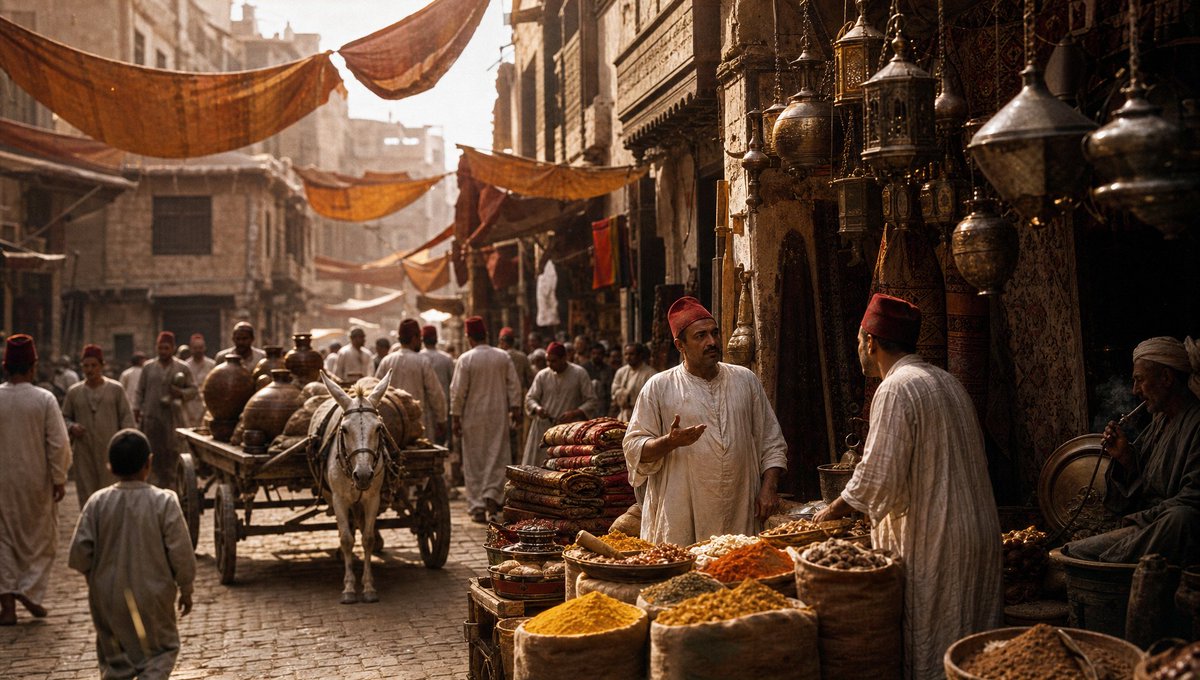 Vintage Cairo street scene with wooden balconies and hanging fabrics