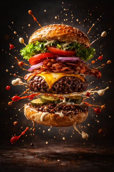Cinematic Burger Explosion: Hyper-Realistic Slow-Motion Deconstruction