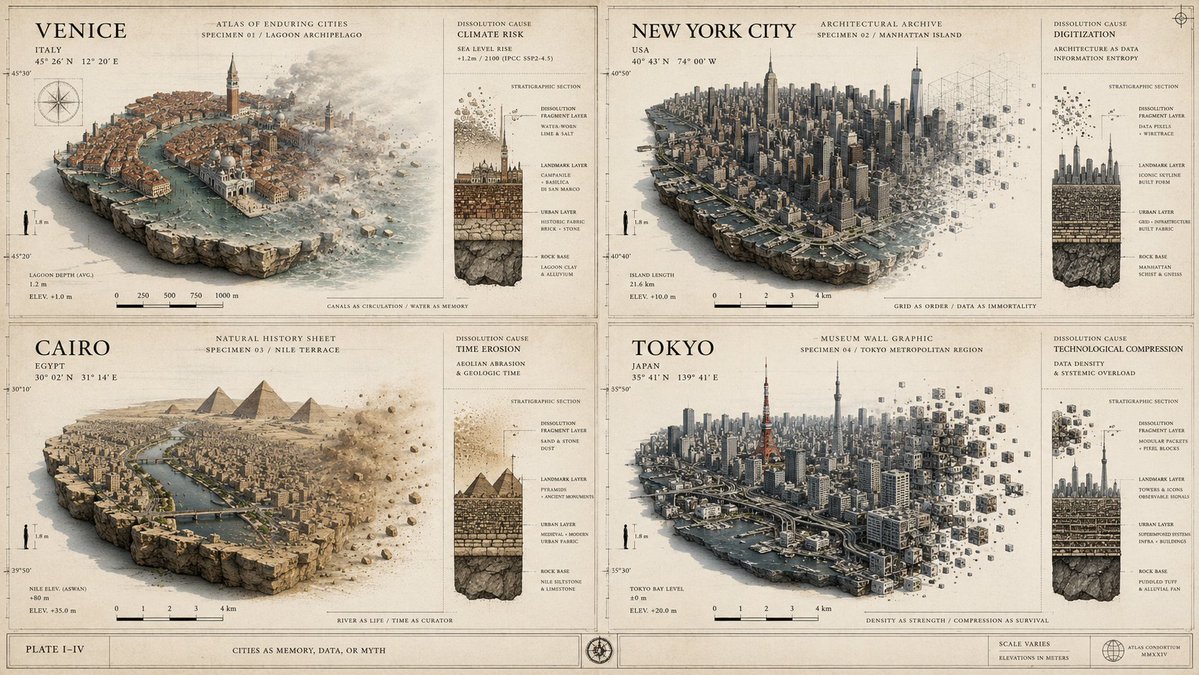 Floating city specimens disassemble on an archival atlas page