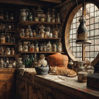 Warm amber light illuminates a cluttered 17th-century apothecary shop