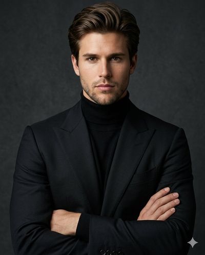 A confident model in black blazer stares directly at camera
