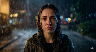 A teary-eyed woman glistens under rain and golden light.