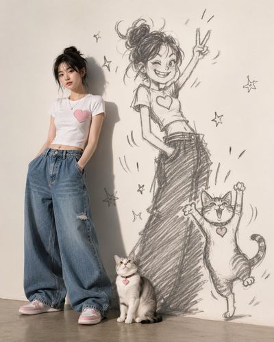 A calm Korean woman stands still while her shadow dances playfully