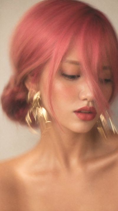 Woman with motion-blurred hair and gold earrings in soft light