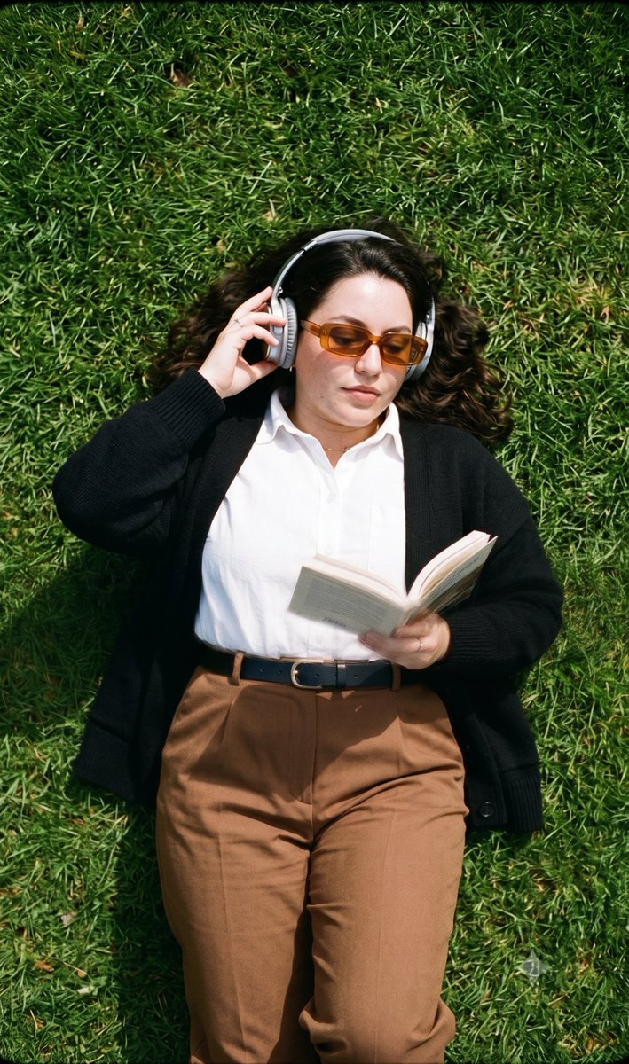 Young woman reads on grass with vintage style and headphones
