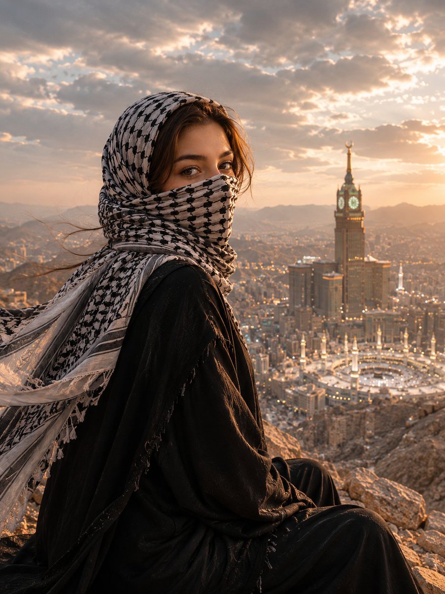 Young Muslim woman in black abaya overlooks Mecca from mountain summit.