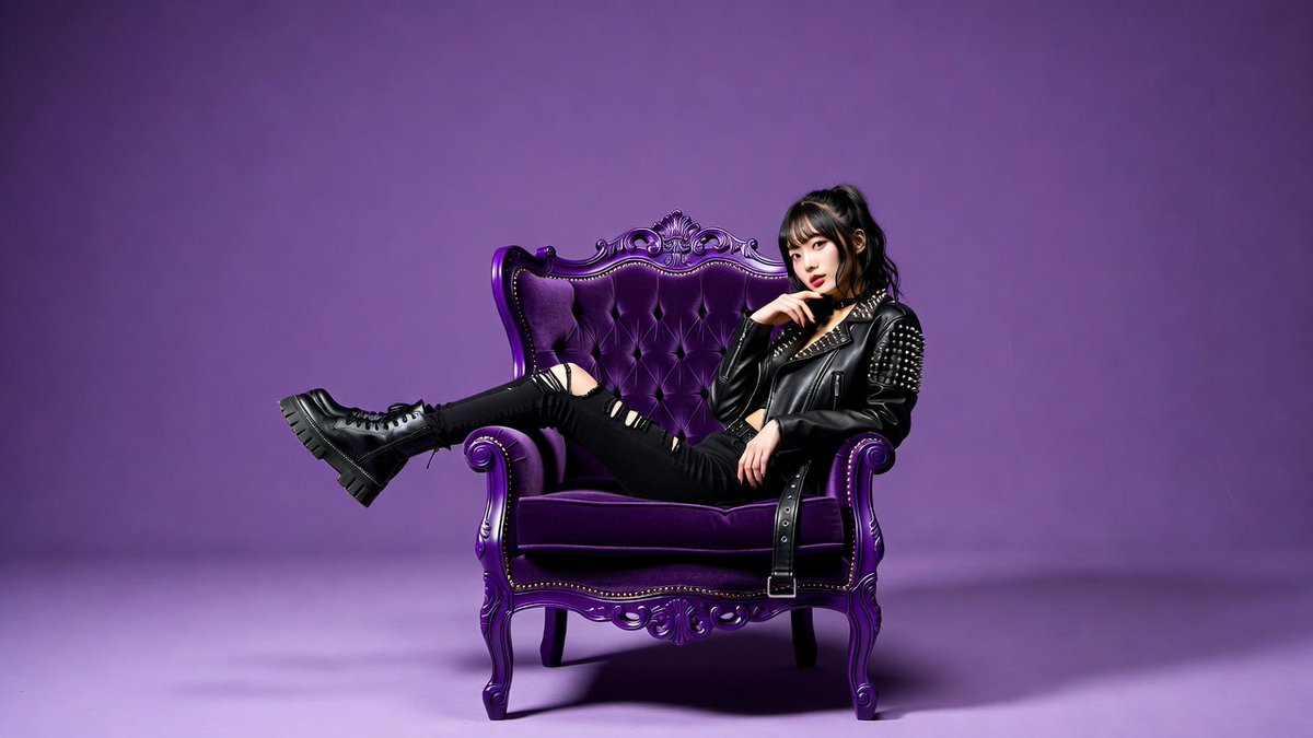 Punk streetwear model lounges on velvet chair in purple void