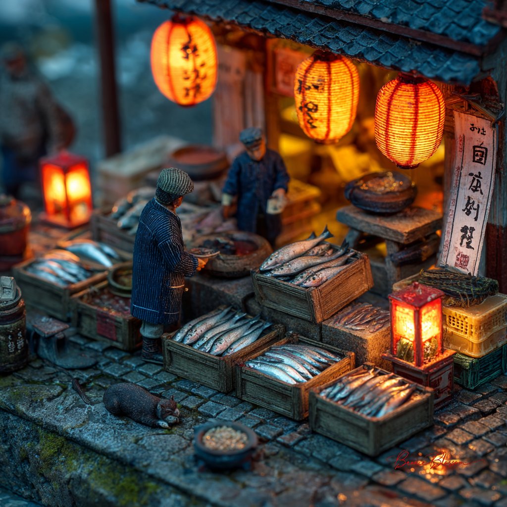 Miniature 1940s Tokyo Fish Market at Dawn