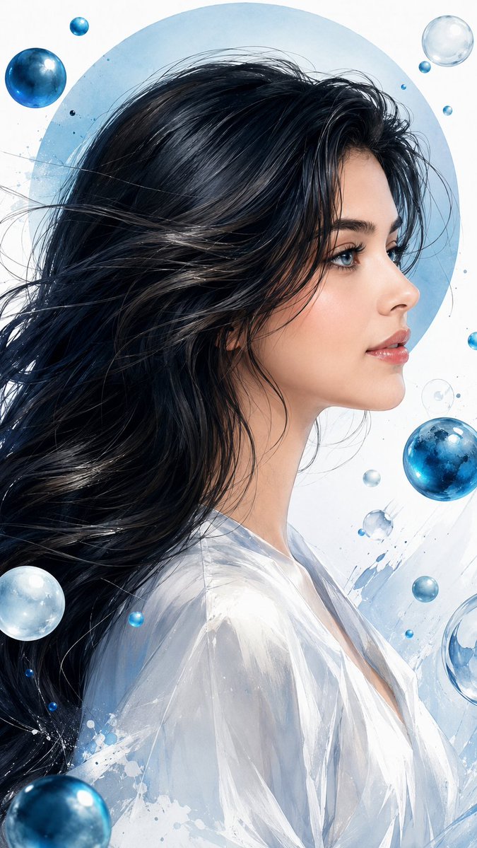 Elegant woman with floating blue orbs in cinematic portrait