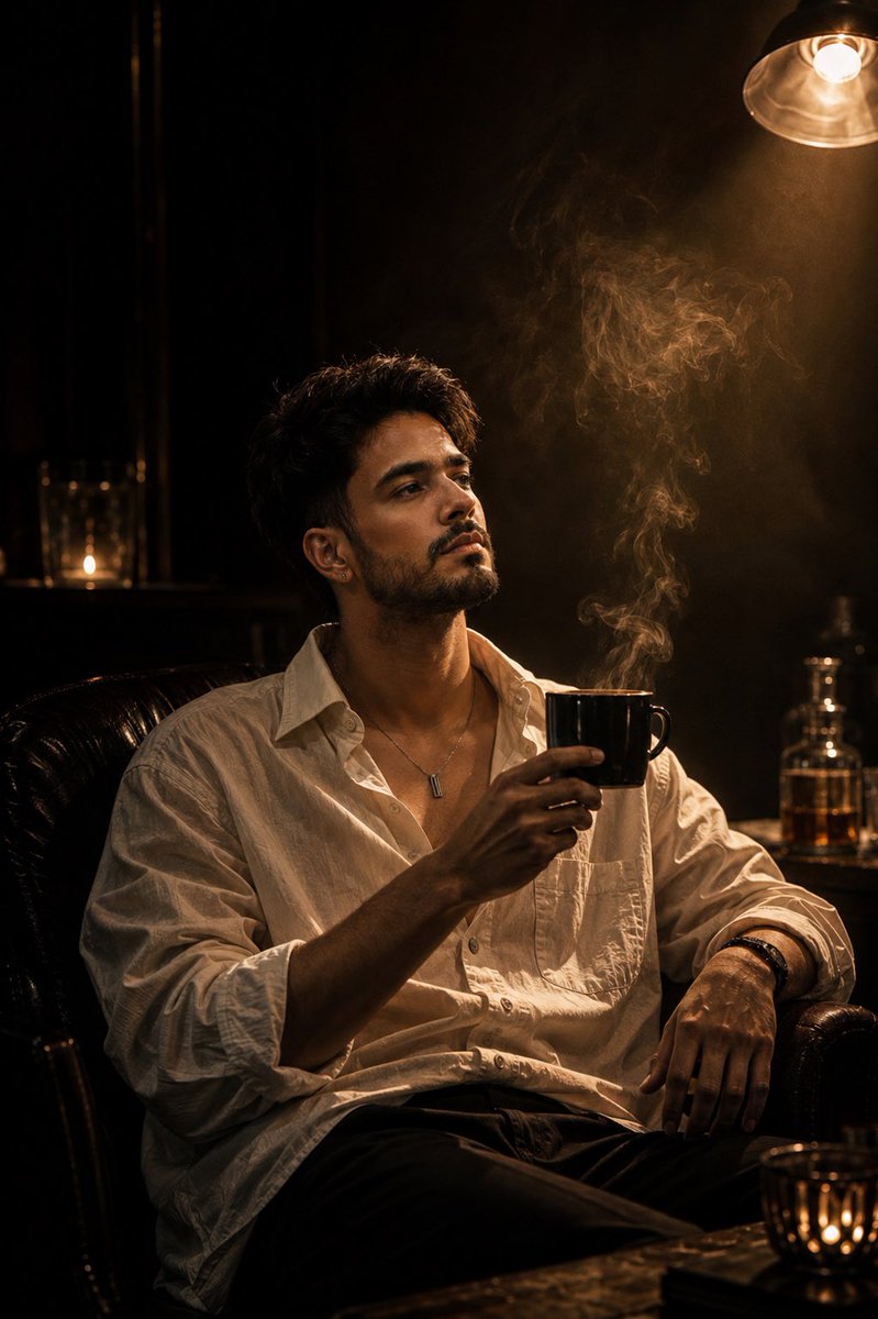 Man in white linen shirt enjoys coffee under warm lamp