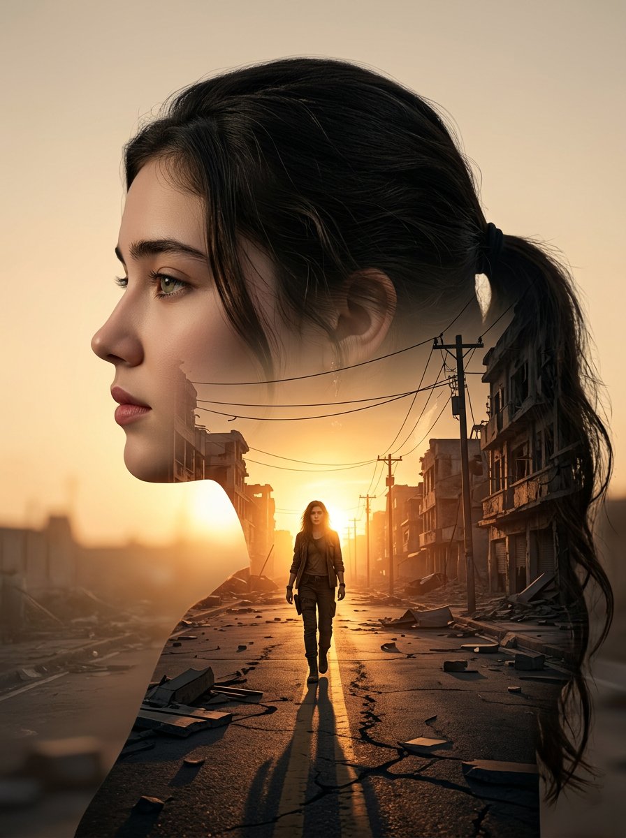 Cinematic Double Exposure: A Solitary Walk Through a Ruined City