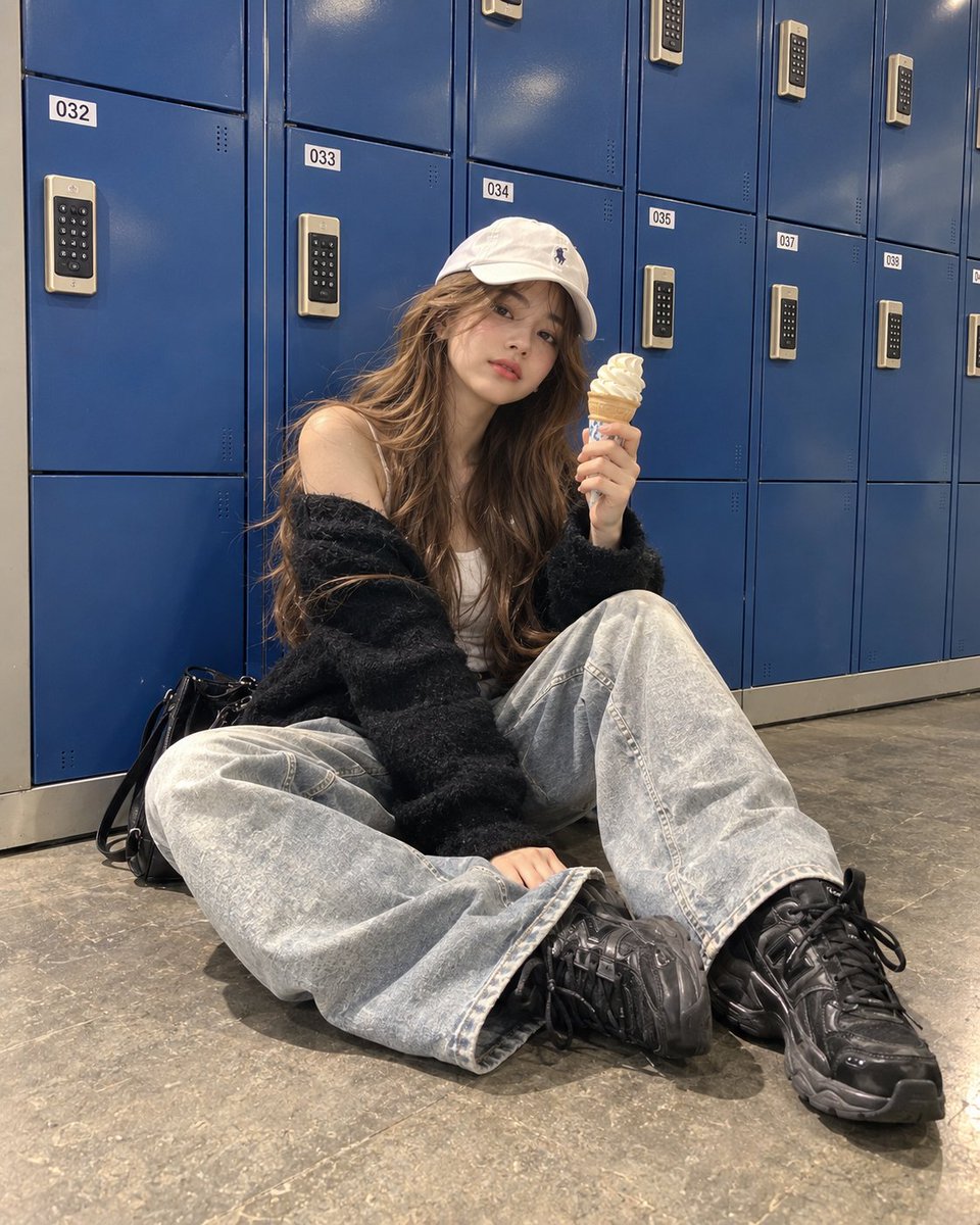 Young Woman Sits on Floor with Ice Cream at Blue Lockers