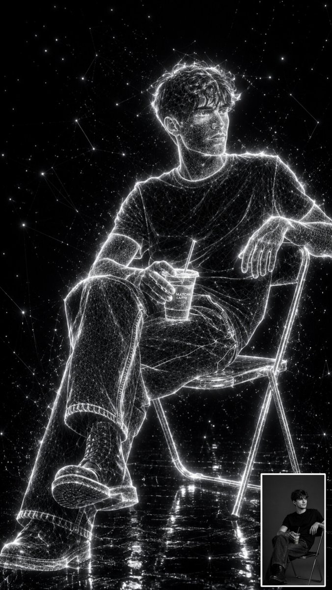 Holographic white wireframe portrait glows against a deep black background