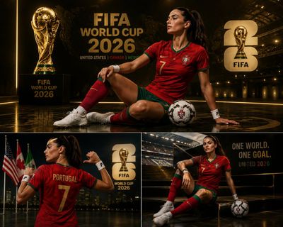 Portugal female fan poses confidently in futuristic World Cup stadium