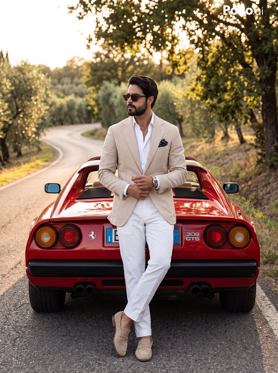 Man in beige blazer leans against classic Ferrari at golden hour.