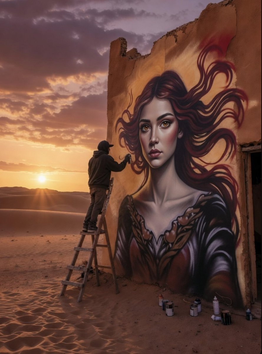 Graffiti artist on ladder completes desert mural of a fiery woman