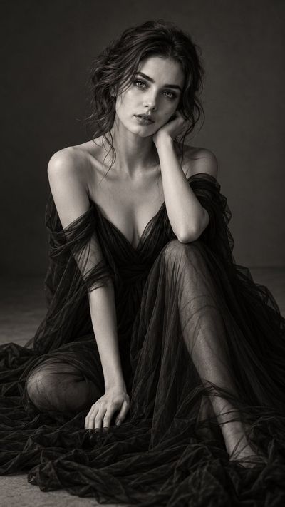 Serene woman in black chiffon gown sits in dramatic studio light