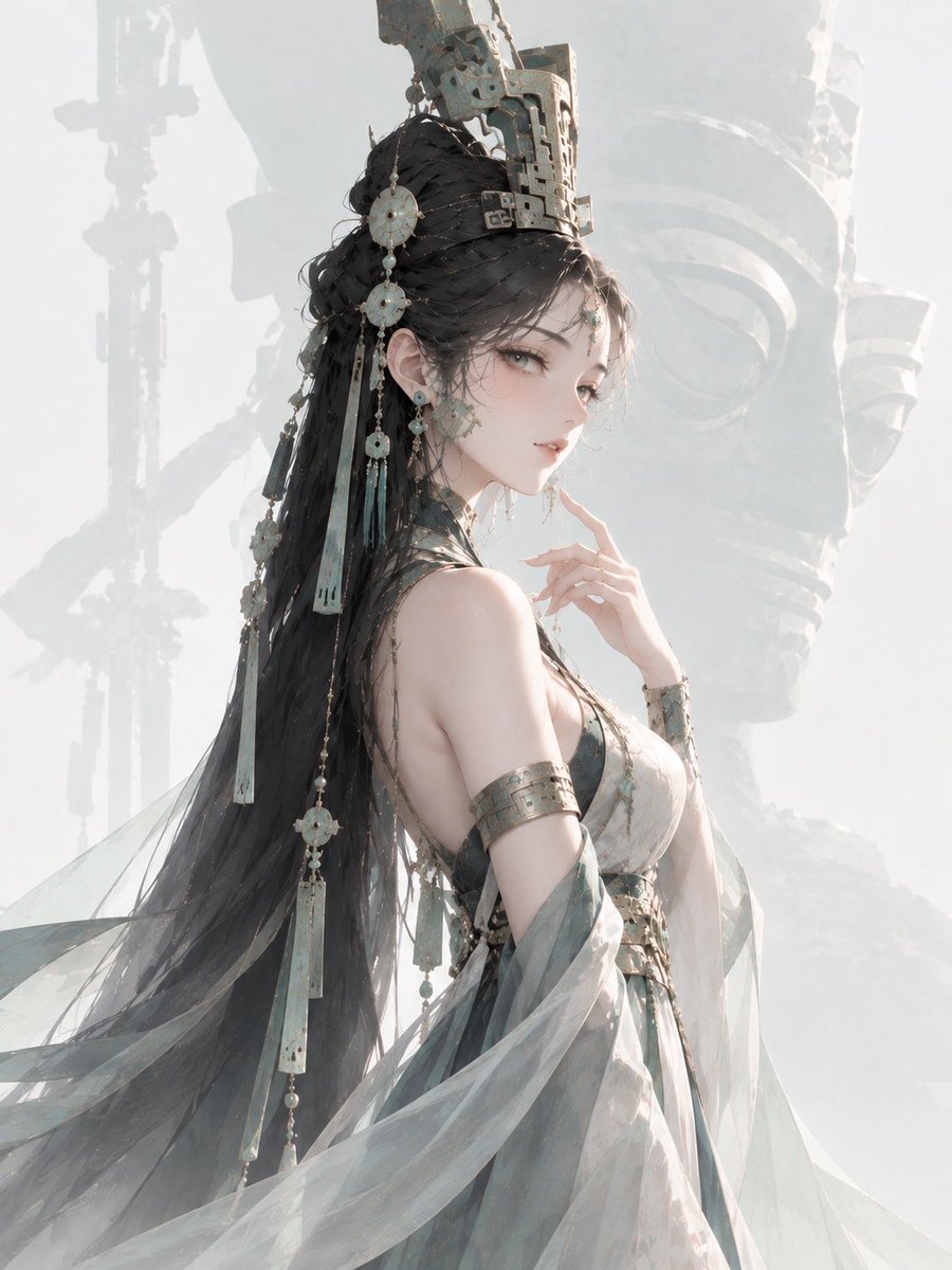 Ancient Shu goddess in bronze crown stands amid misty divine silhouette