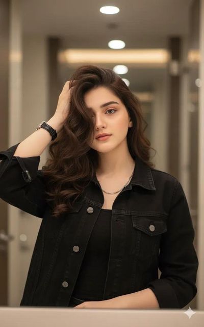 Elegant Woman in Black Denim Jacket Poses in Modern Hallway