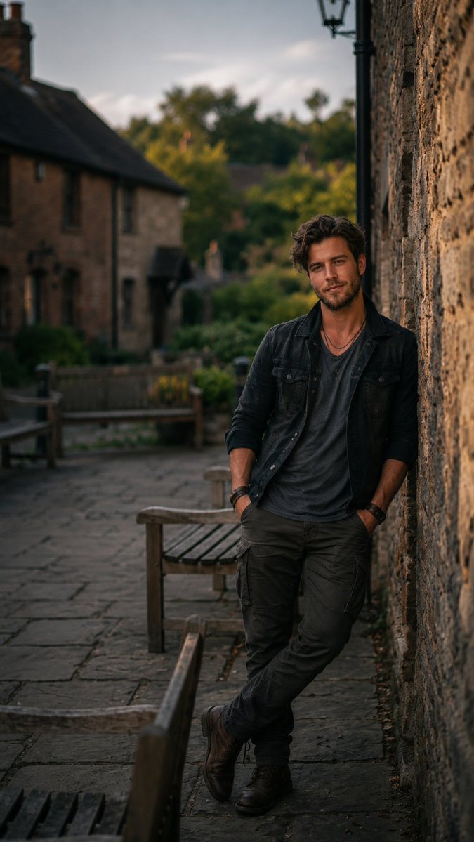 A rugged young man leans against a stone wall in golden hour