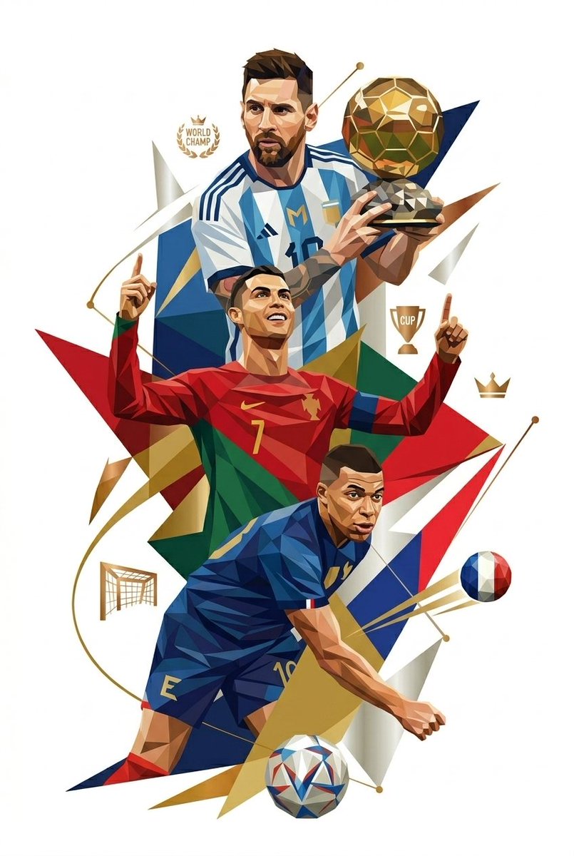 Three football legends shine in a dynamic low-poly portrait