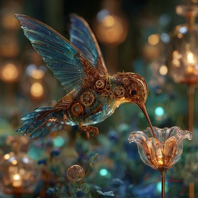Mechanical Marvel: A Hummingbird in a Magical Oasis