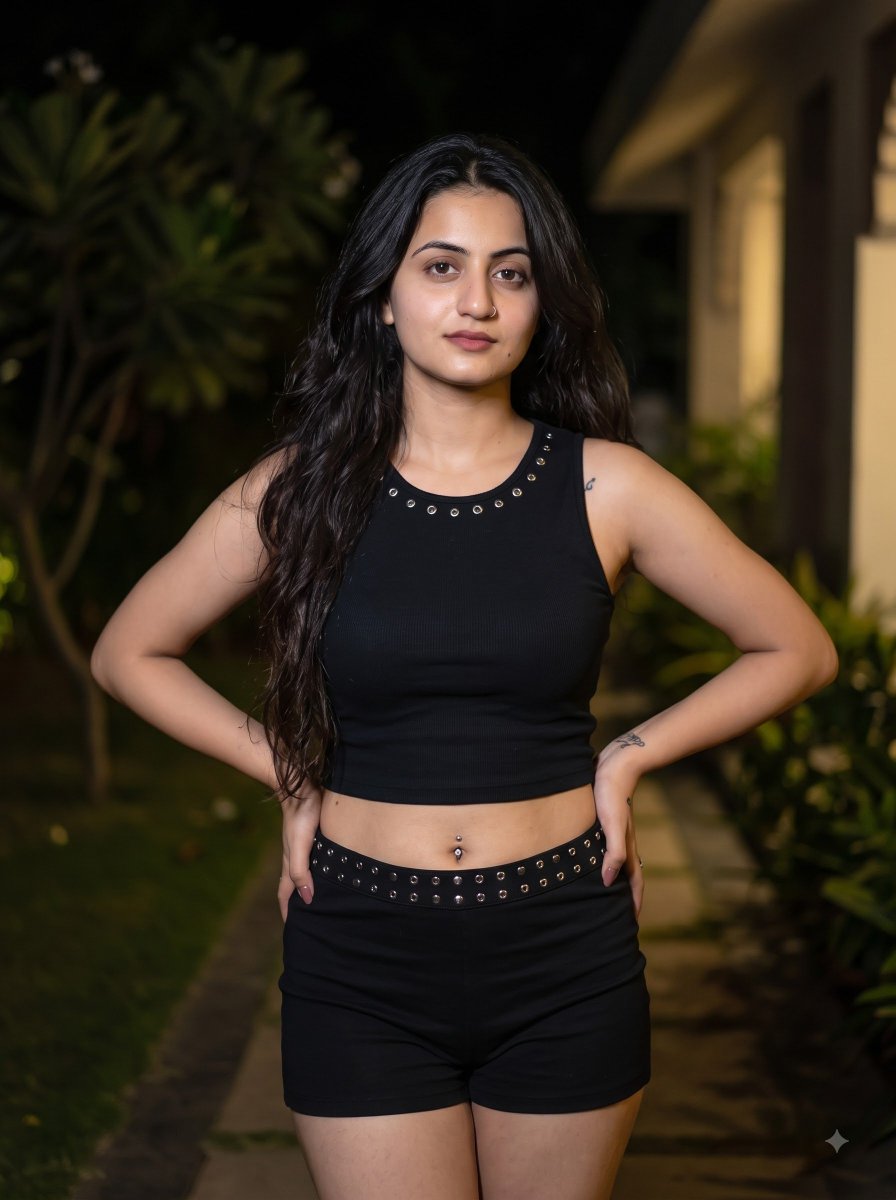 Young woman stands confidently in nocturnal garden with studded black outfit