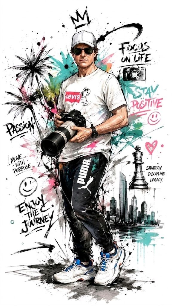Tom Cruise poses with a camera amid vibrant graffiti art
