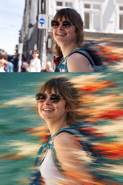 Travel portrait splits into vibrant motion oil painting with streaks