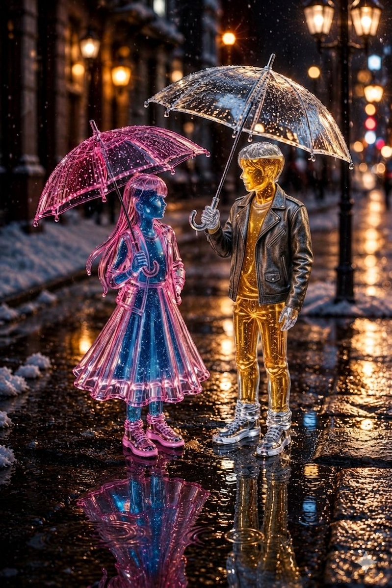 A girl made of pink glass meets a boy of amber gold under snowfall.