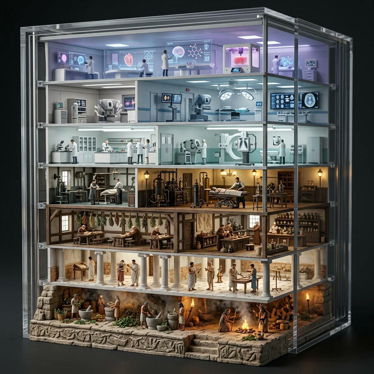 Layered Evolution of Medicine in a Hyper-Realistic Cube