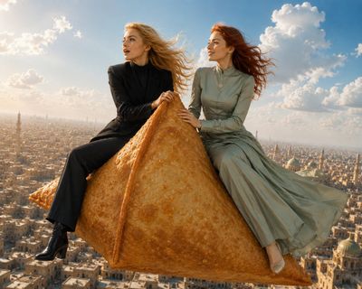 Two elegant women fly on a golden samosa above a historic city