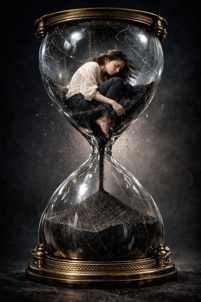 Trapped in Time: A Surreal Portrait of Exhaustion and Weight