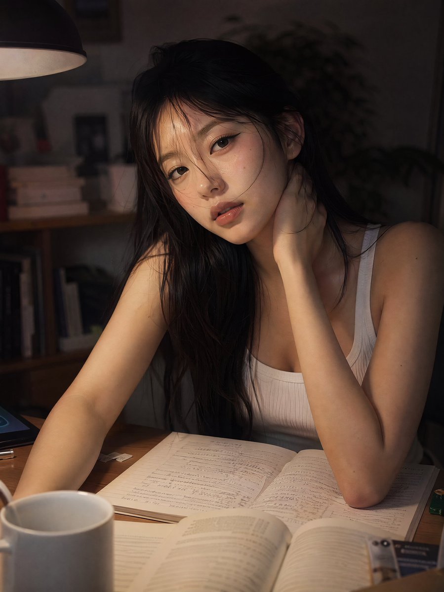 A woman with long black hair studies by warm lamplight