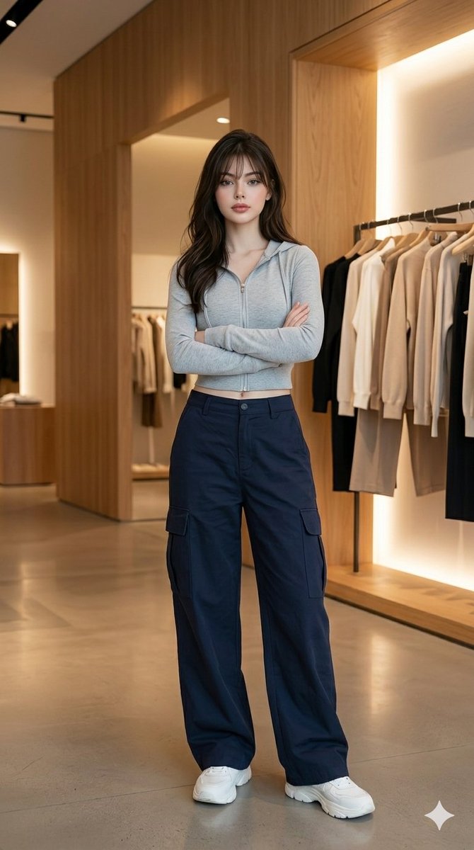 Confident woman in grey hoodie stands inside minimalist boutique