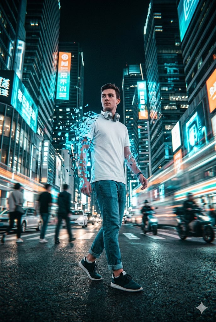 Digital Dissolution in a Neon Cyberpunk Cityscape