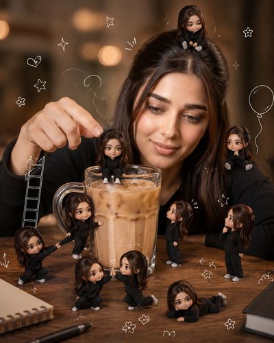 Chibi figures climb a doodle ladder beside a crystal glass mug