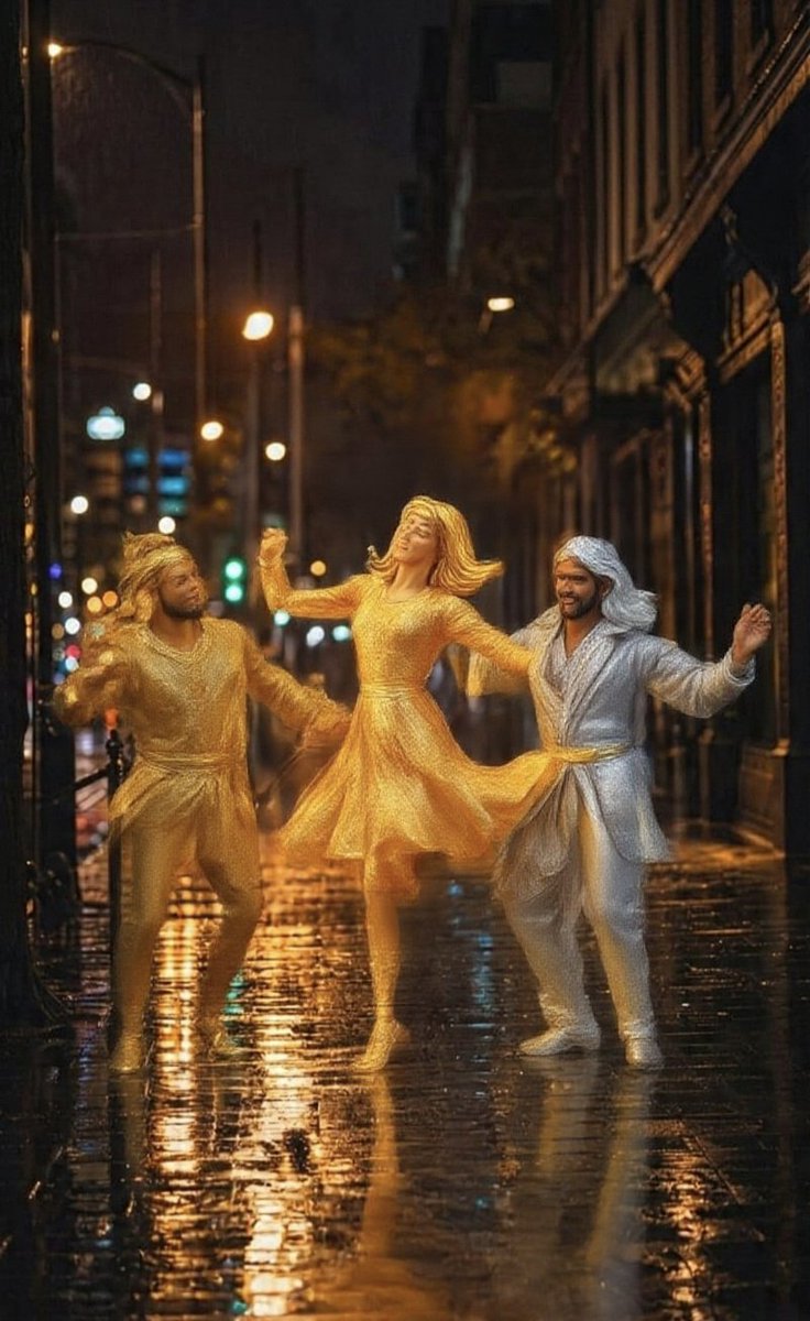 Three metallic dancers twirl on a rain-slicked street at night.
