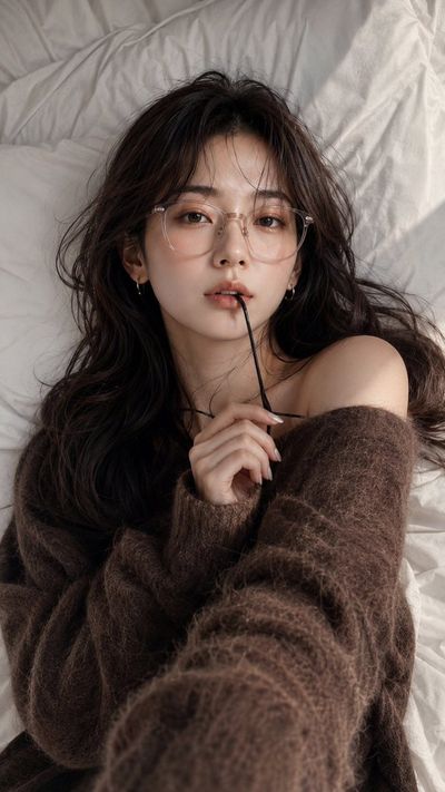 Young woman in brown sweater relaxes on white bedding overhead