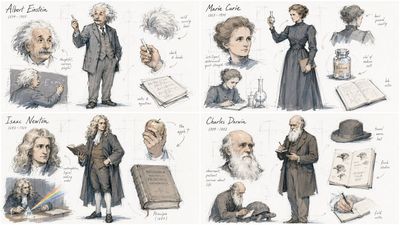 Four scientists rendered in a sketched 2x2 grid composition