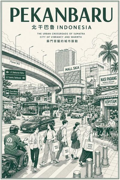 A bustling Jakarta street scene merges line art with soft watercolor