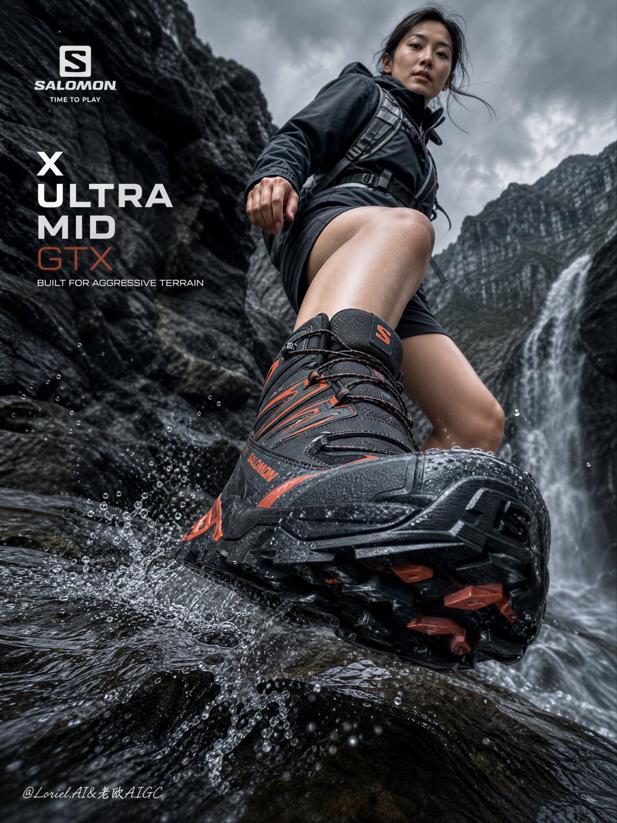 Aggressive Salomon outsole attacks the camera in ultra-low shot