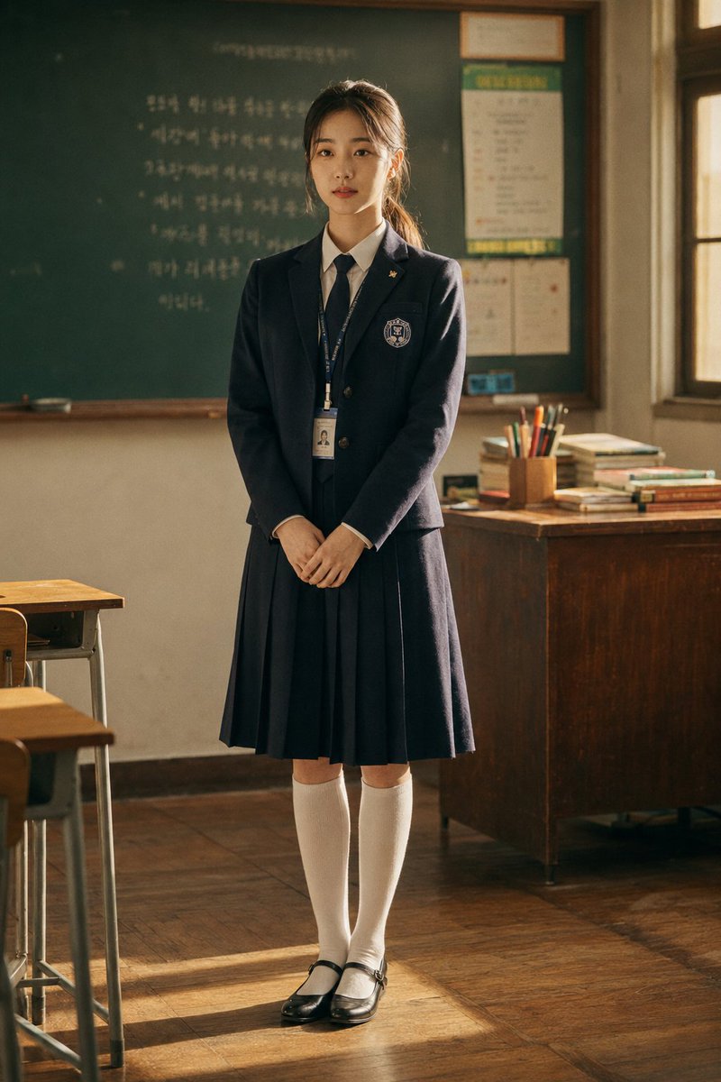 A Korean student stands composed in golden afternoon classroom light