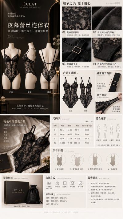 Black Lace Bodysuit Displayed in Premium E-Commerce Detail Page Layout