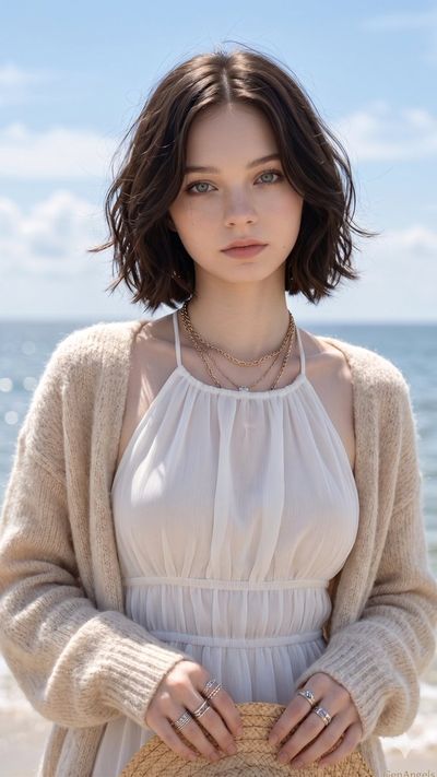 Wind-swept brunette in cream dress smiles beneath straw hat