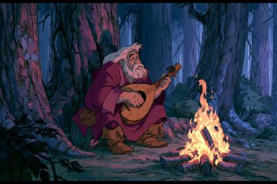 A cloaked ranger holds a glowing crystal in a misty forest.
