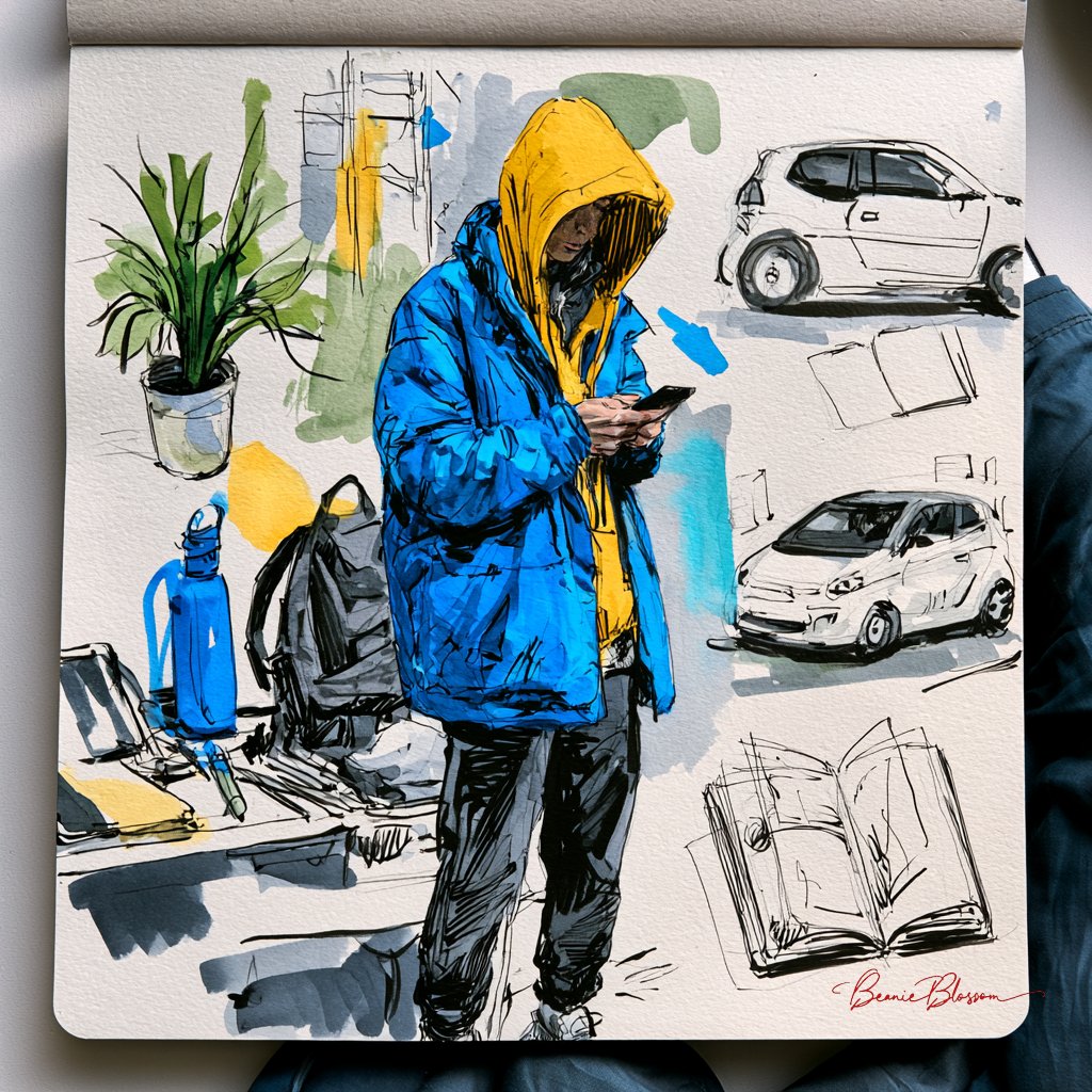 A blue-jacketed figure checks a phone amid urban sketches