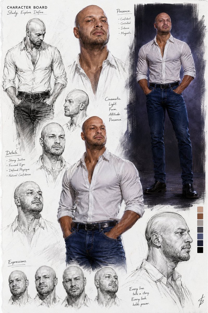 Intense bald man with short beard in multiple portrait studies