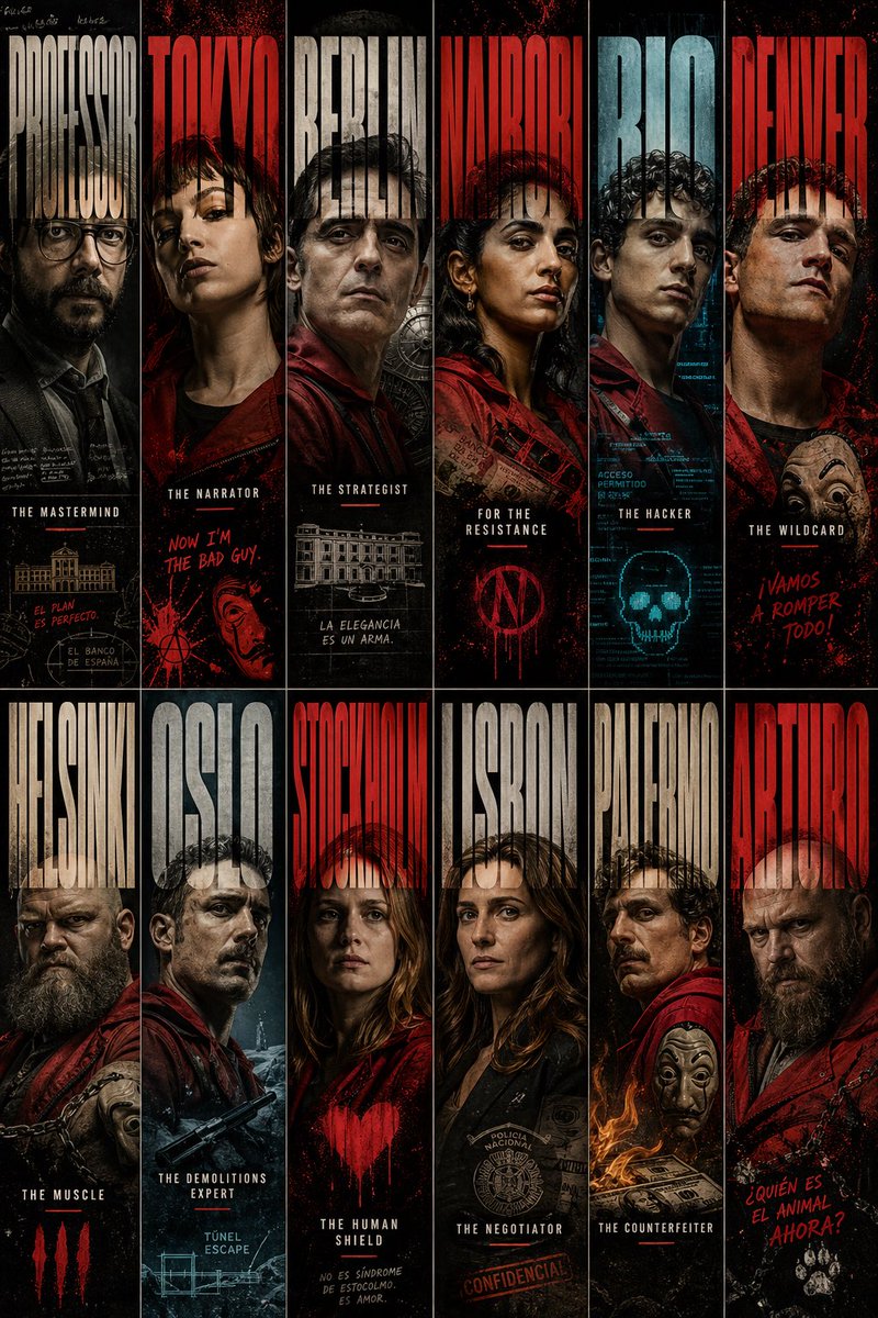 Money Heist Ensemble: Typographic Portrait Grid