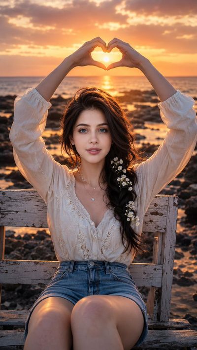 Woman forms heart with hands framing golden sunset on rocky shore